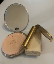 Vintage Rex Fifth Avenue Silver Compact & Satin Gold Lipstick Mirror Holder Set picture