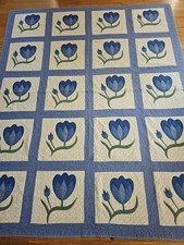 Beautiful Vintage Handmade Blue Tulip Flower Friendship Applique Quilt 80