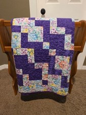 Handmade Purple Floral Geometric Bargello Patchwork Quilt Twin / Throw 83x69 picture