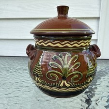 Vintage Redware Bean Pot/ Jar Hand Painted Glazed  picture