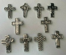10 PIECE WHOLESALE SMALL HAND MADE PEWTER CROSSES , SILVER , RELIGIOUS , MIX picture