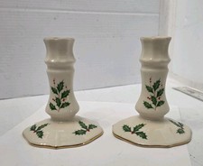 Lenox Holiday Christmas Candlestick Holders Pair Vintage Ivory Fine China Holly picture