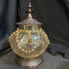 Amber Crackle Glass Potpourri Apothecary Jar Metal Base W/ Lid Beads India VTG picture