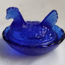 Vintage Cobalt Blue Glass Hen on Nest Salt Cellar Mini Lidded Dish Farmhouse picture