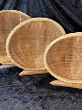 NWT  Woven Bamboo Fan-Shape Display Bowls Set of 3 Natural Tan Boho Vintage picture