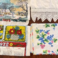 Vintage 1970s Linen Calendar Towels Lace Runner Floral Cloth Bundle 4pc picture