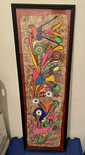 Vintage Mexican Amate Bark Painting Vibrant Folk Art Birds & Deer, Framed 37x12” picture