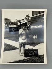 Vintage Baby New Year Photo 1946 Diaper Suitcase Outdoors Lawn House Car picture