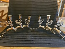 2 Identical Silver Tone Leaping Reindeer 3 Candle Holder Taper picture