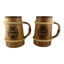 VTG Schaefers Old Style Wood Beer Stein W/Plastic Insert, Rope, And Copper Set 2 picture