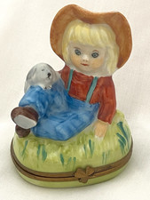 Limoges France ~ Little Girl in Hat Sitting with Puppy ~ Porcelain Trinket Box picture