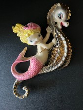 Adorable Vintage Chalkware Mermaid in Pink w/ Seahorse Wall Plaque / Bath Decor picture