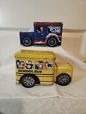 Vtg Lot Of 2 Collectors Tins - Yellow School Bus & Walton's 5&10 Delivery Truck  picture