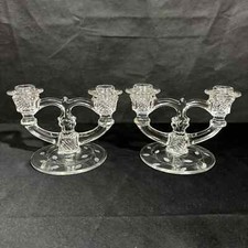 Pair of Double Candlesticks Clear Glass Floral Etched Base Candle Holders Set picture