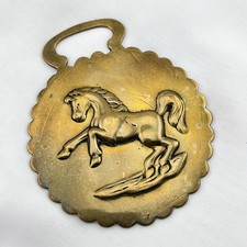 Brass Horse Medallion Antique English Steed Rearing Stamped Show Parade Harness picture