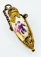 Antique 1800s Gold-Tone Chatelaine Porcelain Perfume Scent Bottle Lovers picture