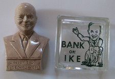Dwight D. Eisenhower Ceramic Bust & Bank On Ike Glass Bank 1950s U.S. President picture