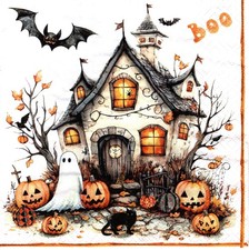 (2) Two Paper Lunch Napkins for Decoupage/Mixed Media - Halloween Boo house picture
