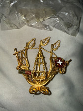 Vintage Gold Tone Filigree Portugal Ship Brass Enamel Clipper Nautical 60s picture