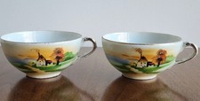 Vintage Hand Painted Japanese Nippon Tea Cup Landscape Mid Century Set of 2 picture