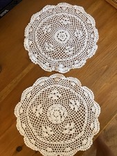 Two Vintage white cotton crochet lace doily,round, floral center, scalloped edge picture