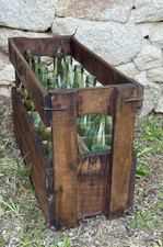 Vintage 1950s French Wooden Bottle Crate with 10 Matching Star-Base Bottles picture