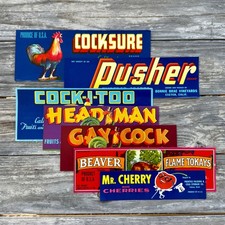 7 Original X-Rated 1940s CRATE LABEL Lot GAY COCK Beaver HEADMAN Labels picture