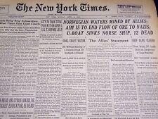 1940 APRIL 8 NEW YORK TIMES - NORWEGIAN WATERS MINED - NT 2897 picture