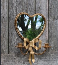 Vtg Wall Mirror Hollywood Regency Heart Bow Candle Gold Scone 8x12 Cottagecore picture