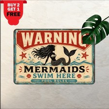 Mermaid Pool Rules Swim At Your Own Risk Humor Sign Metal Tin Wall Plaque picture