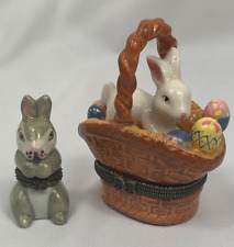 Vintage Set Hinged Easter Bunny/Basket Porcelain Trinket Boxes with Trinkets picture