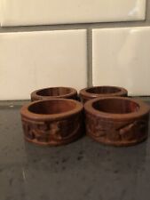 Vintage Wooden Hand Made Napkin Rings Set of 4 Round Brown Etched Floral picture