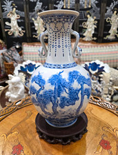 Chinese Blue & White Porcelain Vase Pine Tree Landscape Double Handles 12
