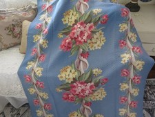1940's Scrolls & PINK Florals on Denim Blue ROMANTIC Nubby Barkcloth Drapes picture