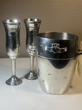 Mullingar Pewter Ireland Claddagh Ice Bucket & 2 Champagne Flutes 3 Pc Set picture
