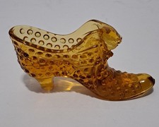Amber Art Glass Cat Head Hobnail Shoe Slipper Fenton Vintage picture