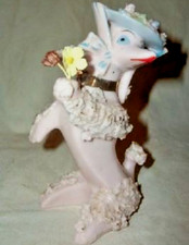 Vintage Pink Spaghetti Poodle Figurine Japan Hat Paper Flowers Attitude MCM picture