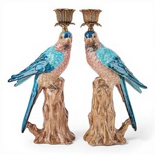 Pair of Blue, White Porcelain Parrot Candle Holders. Bronze. Hand Painted-10