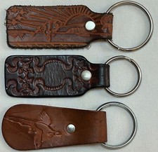 Lot of 3 Vintage Tooled Leather Keychains Key Ring Fobs picture