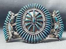 ONE OF BEST EVER VINTAGE ZUNI NEEDLE TURQUOISE STERLING SILVER CLUSTER BRACELET picture