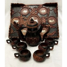 VTG Yixing Chinese Shoushan Stoneware Dragon Tea Set & Tray Mother of Pearl Rare picture
