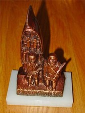 Vintage First Northern Savings & Loan Brass & Marble Statue w/ Trappers w/ Canoe picture