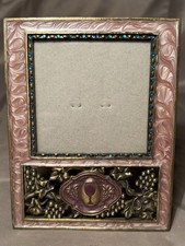 Vintage Pink Enameled Grape Wine Motif W Blue Rhinestone, Metal Picture Frame picture