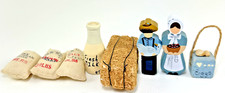Vtg Wooden Miniature Faceless Man Woman Egg Box 3 Bag 1 Milk 1 Bale Hay Handmade picture