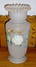 Worn Vintage Hand Painted Floral White Bristol Glass Vase - 11 3/8