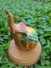 Wood Charm Elephant Figurine Statue Long Trunk Up Raise Hand Painted Carved 4