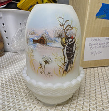 Fenton Glass Candle Holder Votive Downy Woodpecker Limited Edition 1989 NOS picture
