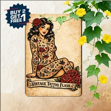 Tattooed Pinup Girl Artwork Metal Sign Vintage Retro Room Decor Plaque 8x12 picture