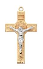 Gold Tone Two Tone St Benedict Crucifix Features 18in Long Chain picture