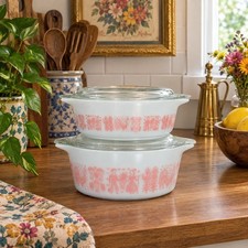 Vintage Pyrex Pink Amish Butterprint #471 #472 #470-C Casserole Dish Bowl Set picture
